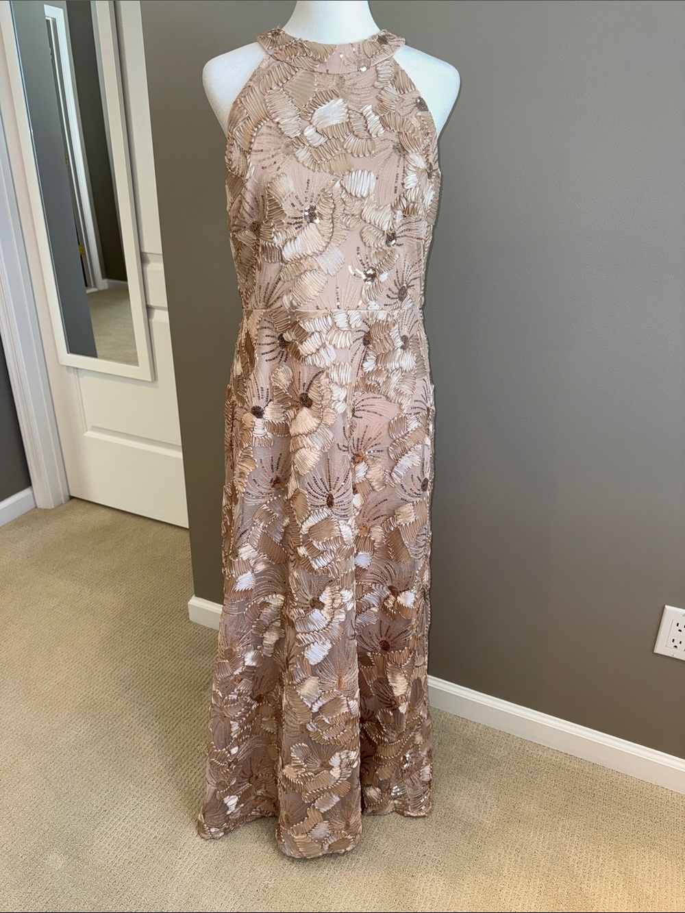 Betsy & Adam Petite Soutache Sequin Floral Halter Gown NWOT